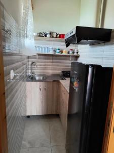 a small kitchen with a sink and a refrigerator at Kostas Christos Rooms in Ammoudia