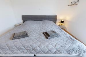 un grande letto bianco con due cuscini sopra di Muggelbude a Gaienhofen