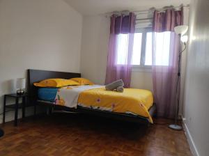 een slaapkamer met een bed met gele lakens en een raam bij Cosy Appart Paris in Vitry-sur-Seine