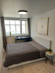 a bedroom with a large bed and a window at Central w/free parking & Netflix in Vilnius