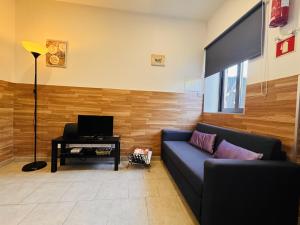 Casa Luz Apartamento 2 : غرفة معيشة بها أريكة زرقاء وتلفزيون