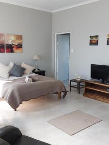 a bedroom with a bed and a flat screen tv at Silver Oaks Airbnb in Langebaan