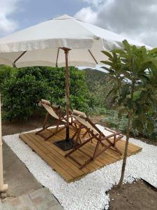 a couple of chairs sitting under an umbrella at The Garden House, Sitia in Sitia