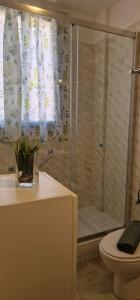 a bathroom with a shower with a toilet and a sink at Parque don Jose apartment in Costa Del Silencio