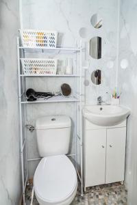La salle de bains blanche est pourvue de toilettes et d'un lavabo. dans l'établissement Lovely summerhouse 40km from berlin!, à Biesenthal