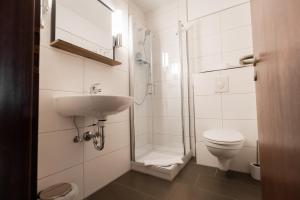 e bagno con servizi igienici, lavandino e doccia. di Hotel-Restaurant Zum Schwalbennest ad Alsfeld