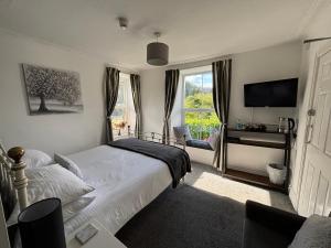 een slaapkamer met een bed, een televisie en een raam bij The Queens Hotel Harlech in Harlech