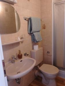 W łazience znajduje się umywalka, toaleta i lustro. w obiekcie Guesthouse in Weeze w mieście Weeze