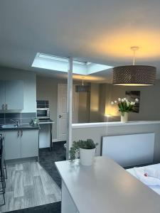 a kitchen and living room with a white counter top at Studio 61 fremington near instow in Fremington
