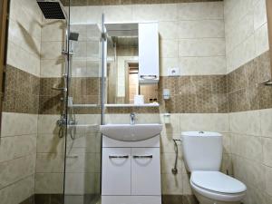La salle de bains est pourvue de toilettes, d'un lavabo et d'une douche. dans l'établissement Mayberry Highway - Apartmani Medijapark, à Sveti Nikole