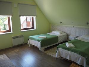 a green room with two beds and two windows at Maria Talu Guesthouse in Pootsi
