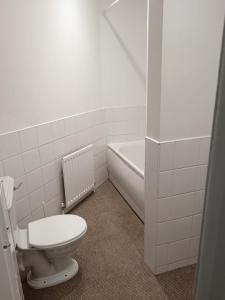 a bathroom with a toilet and a bath tub at welcome to this flat in Kettering