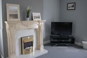 a living room with a fireplace and a television at Burton House in Burnopfield