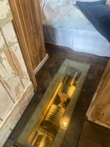 a glass floor in a room next to a bed at Swallowfield Glamping-Station Master in Yeovil
