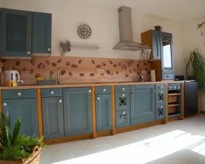 een keuken met blauwe kasten en een wastafel bij Ferienwohnung Gute Zeit in Ruhla