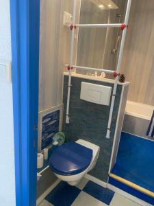 ein Badezimmer mit einem blauen WC und einem Waschbecken in der Unterkunft Studio Saint Jean de Monts (Front de mer) in Saint-Jean-de-Monts