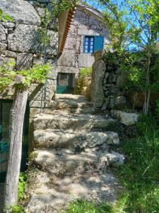 une maison en pierre avec des escaliers menant à une porte. dans l'établissement Horizontes Serranos, à Tondela
