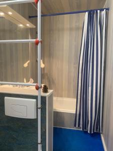 ein Badezimmer mit Badewanne und Duschvorhang in der Unterkunft Studio Saint Jean de Monts (Front de mer) in Saint-Jean-de-Monts