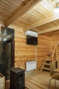 uma cabana com um fogão a lenha num quarto em MountSide em Dandalo