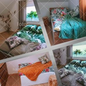kolaż zdjęć pokoju z łóżkami w obiekcie Domki OSTOJA w Dolinie nad Jeziorem w mieście Krzywe
