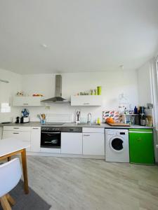 een keuken met witte kasten en een groene vaatwasser bij Ferienhaus Plan B. Wittlich in Wittlich