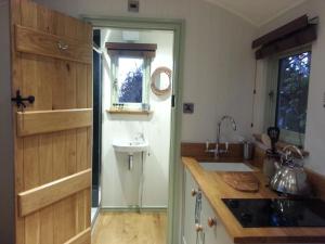 uma cozinha com um lavatório e um WC em The Farm Hut em Barmouth