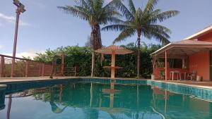a swimming pool with an umbrella and palm trees at Suites Hidromassagem - Pousada Vale da Serra in Capitólio