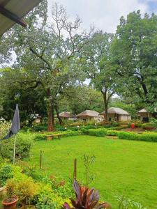 um quintal com um relvado verde com árvores e casas em Satpura Resort em Pachmarhī