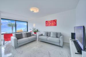 a living room with two couches and a tv at Wonderful Blick Apartment Orselina - Happy Rentals in Orselina