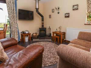 a living room with a couch and a fireplace at Dolphin Bach in Holywell