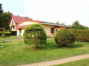 two bushes in a yard in front of a house at Wohnung in Kopalino mit Garten und Grill in Kopalino