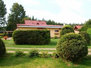 a house with bushes in front of a yard at Wohnung in Kopalino mit Garten und Grill in Kopalino