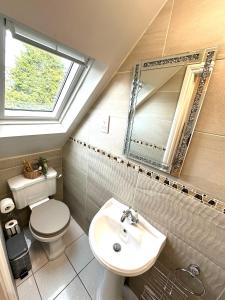 a bathroom with a sink and a toilet and a mirror at ElMurrs in Bournemouth +43 photos