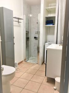 y baño con ducha, aseo y lavamanos. en Maison MAS DE LA PLAGE villa 4 LEUCATE NATURISME, en Port Leucate
