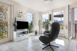 a living room with a chair and a television at Ferienwohnung Rheinblick in Küssaberg