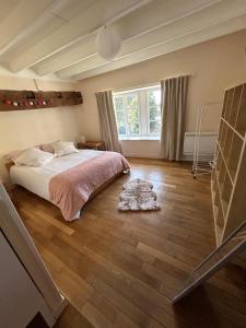1 dormitorio con 1 cama y suelo de madera en Cosy Jacobins, en Langres