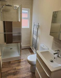 ein Bad mit einem WC, einem Waschbecken und einer Dusche in der Unterkunft Abbeydale Place-Spacious one bedroom flat in Heeley