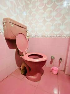 ein rosafarbenes Bad mit einem rosa WC in einem Zimmer in der Unterkunft Hari Ganga Near By Bus And Railway Station in Haridwar