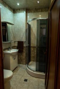 a bathroom with a shower and a toilet and a sink at Sevan Private Guest House in Sevan