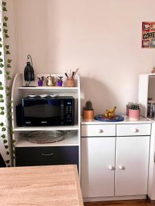 eine Küche mit einer Mikrowelle auf einem weißen Regal in der Unterkunft Cozy nest 10mn from Stade de France in Aubervilliers