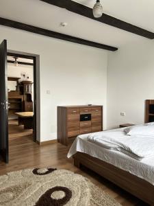 1 dormitorio con 1 cama grande y espejo en Hotel Intim, en Rădăuţi