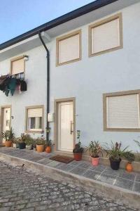 una casa bianca con piante in vaso davanti di Alto da lapa Luxury house free 1 parking place a Porto