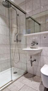 uma casa de banho com um chuveiro e um lavatório. em Soldanella em St. Moritz