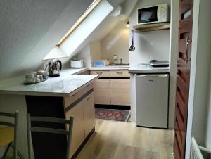 a small kitchen with a stove and a microwave at Zielone Wzgórze na Starówce in Sandomierz