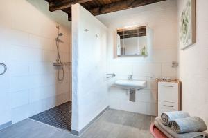 a bathroom with a sink and a shower at Nr 4 Silbersee in Aurich +14 photos