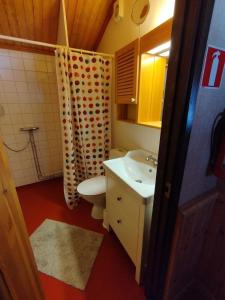 La salle de bains est pourvue de toilettes et d'un lavabo. dans l'établissement Kleines Ferienhaus auf Naturgrundstück in Seenähe - b48624, à Sollerön