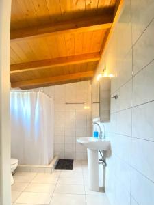a bathroom with a sink and a shower and a toilet at Katoikia Elia in Xirokámbion +16 photos