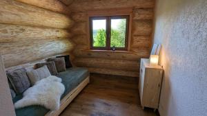 a room in a log cabin with a couch and a window at Waldzeit Lodge - Ferienwohnung Hase in NeuhÃ¼tten