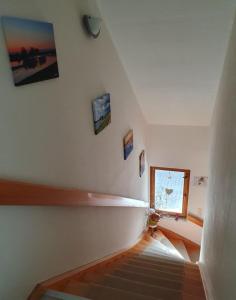 eine Treppe in einem Haus mit Fenster in der Unterkunft Gästewohnung Elbblick Kreinitz in Zeithain