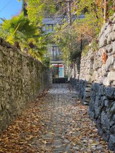 a stone alley with leaves on a stone wall at B1Verscio Villa Cavalli in Verscio